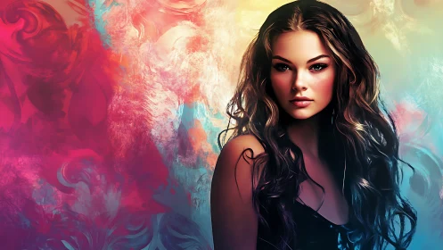 Radiant woman stands softly against swirling painted colors