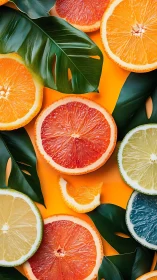 Juicy citrus slices and lush green leaves in sunny harmony.