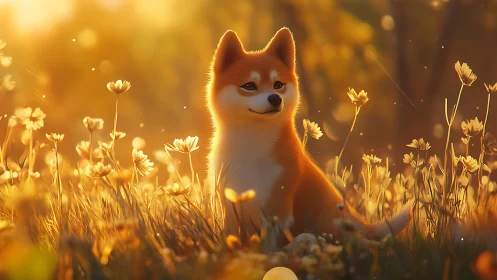 Shiba Inu dog in warm golden meadow at sunset light.