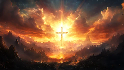 Radiant cross rising over glowing mountains at dawn.