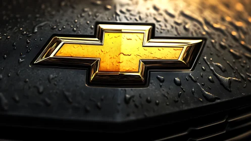 Gold Chevrolet emblem mounted on wet black car surface