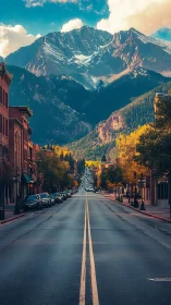Mountain highway leads through quiet town toward snowy peaks