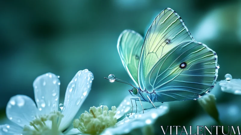 Butterfly on dewdrop-covered white petals in close focus.