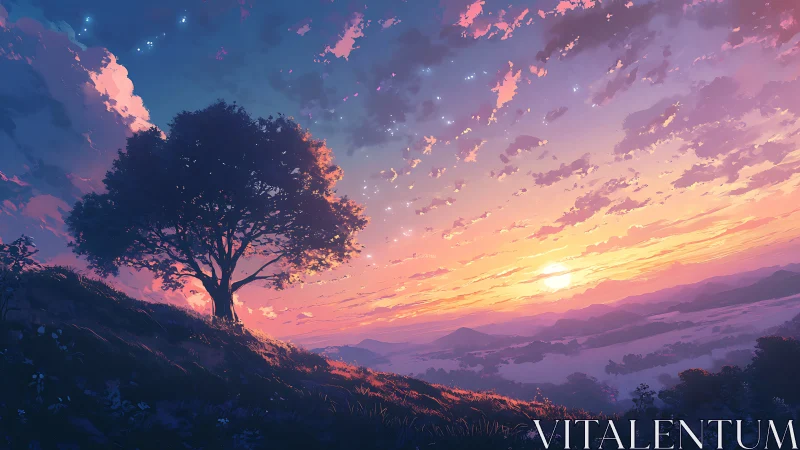 Solitary hillside tree against layered sunset sky panorama.