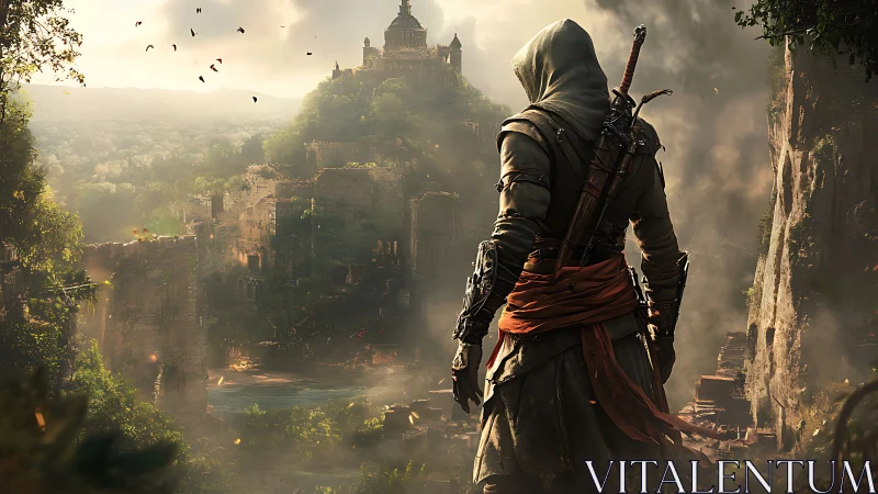 Hooded warrior overlooking ruined jungle fortress at dawn.