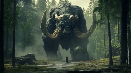 Colossal forest beast confronts lone figure in misted pathway