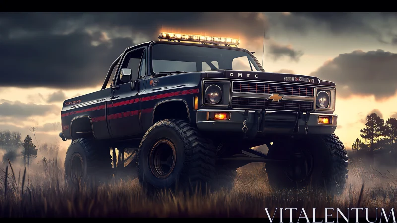 Sunset-lit lifted Chevy truck dominating misty meadow scene.