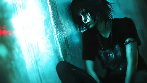 Neon-soaked loner drifts through turquoise city shadows