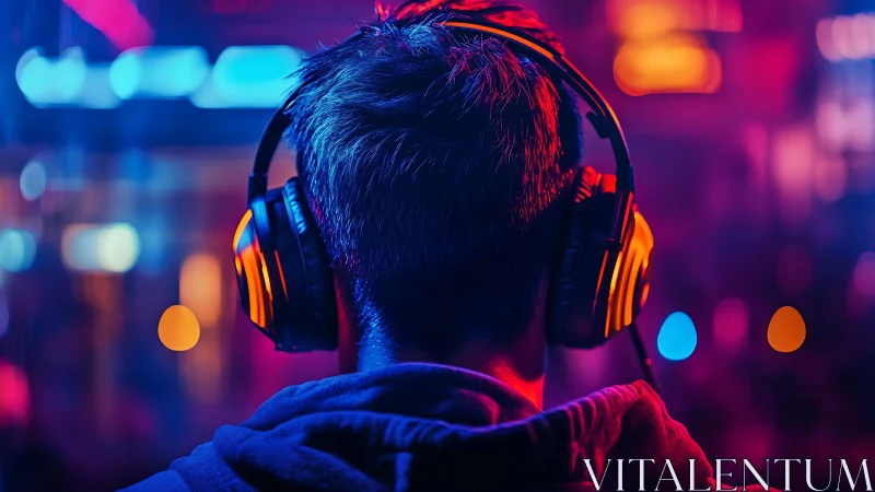 Person wearing headphones faces neon-lit environment indoors