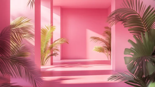 Pink architectural hallway with tropical indoor plants.