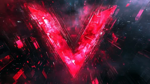 Red glowing V shape in fragmented digital space.