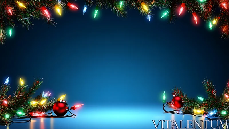 Christmas lights and ornaments on blue background frame.