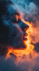 Fire-kissed profile drifting through dream-blue smoke.