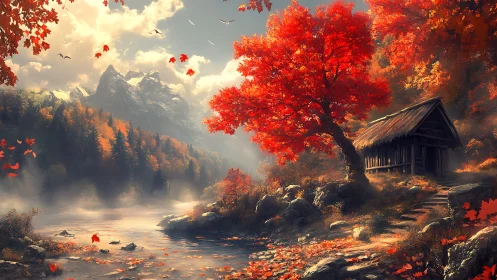 Crimson maple beside misty river and rustic forest cabin.