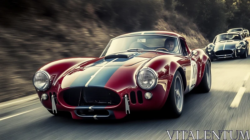 Scarlet vintage race cars storming a sunlit mountain road.