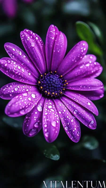 Purple daisy with water droplets on petals against dark background