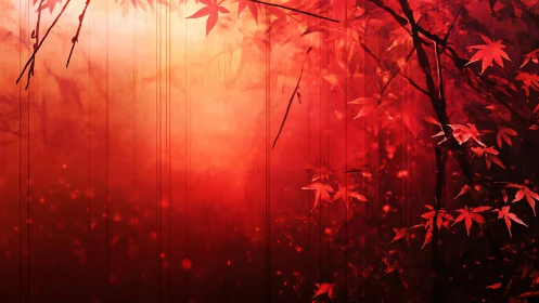 Crimson maple canopy dissolving into radiant autumn haze.