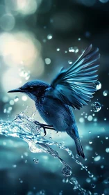 Blue songbird bursts from water in luminous frozen splash.