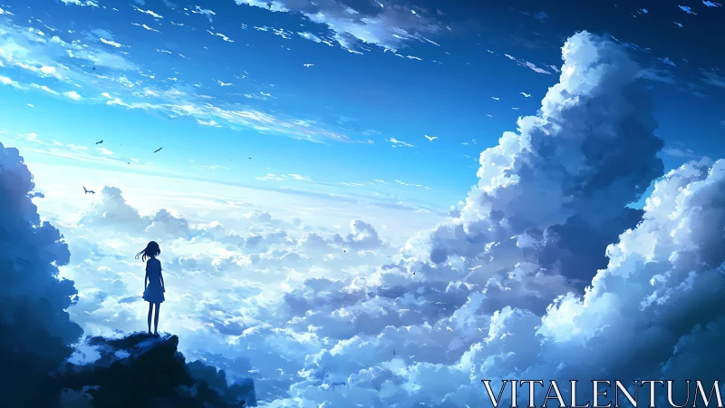 Solitary girl above clouds beneath vast luminous sky.