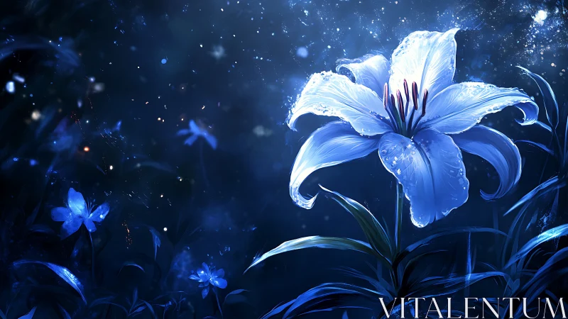 Blue luminescent flower rendered against dark starlit background