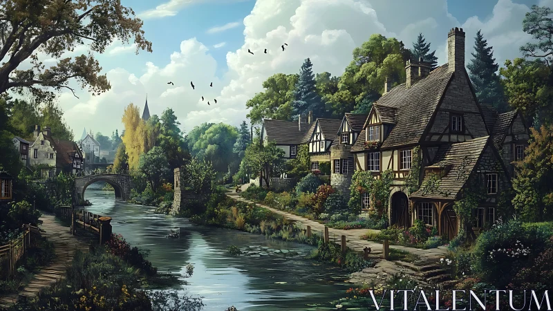 Riverside village with stone cottages and arched bridge.