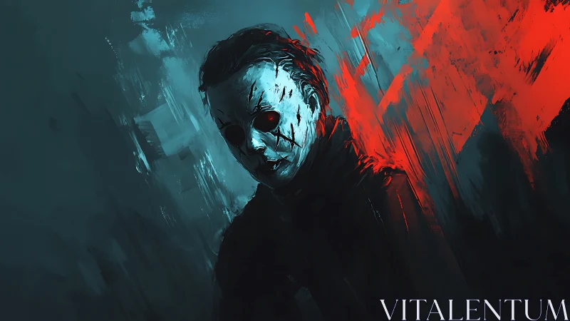 Haunting masked figure in teal shadows and blazing red light.