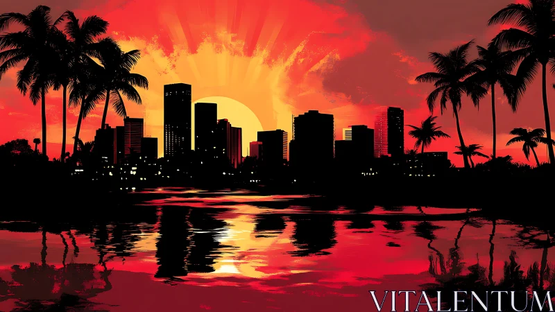 Tropical city skyline glows against a radiant red sunset.