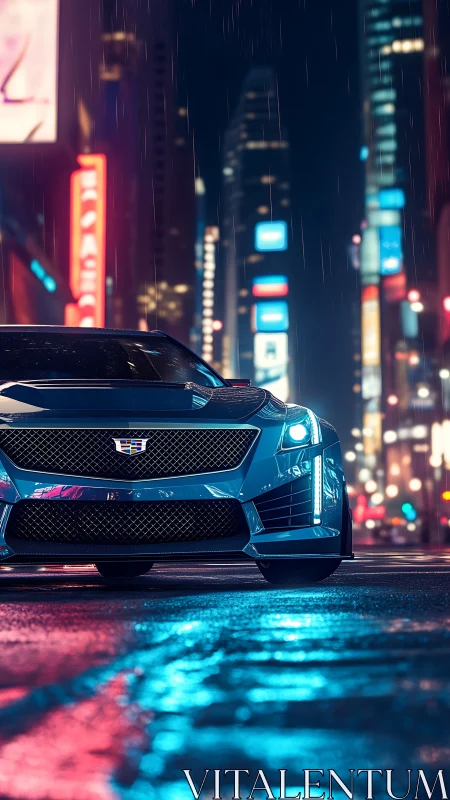Low-angle render of Cadillac sports sedan in neon-lit rainy street