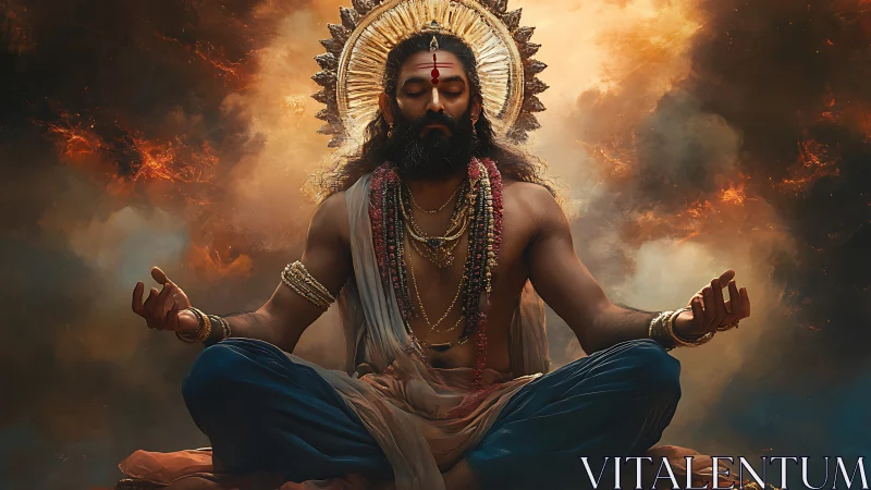 Digital yogic deity in lotus pose amid luminous storm clouds
