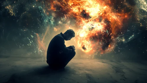 Solitary figure contemplates a blazing cosmic storm within.