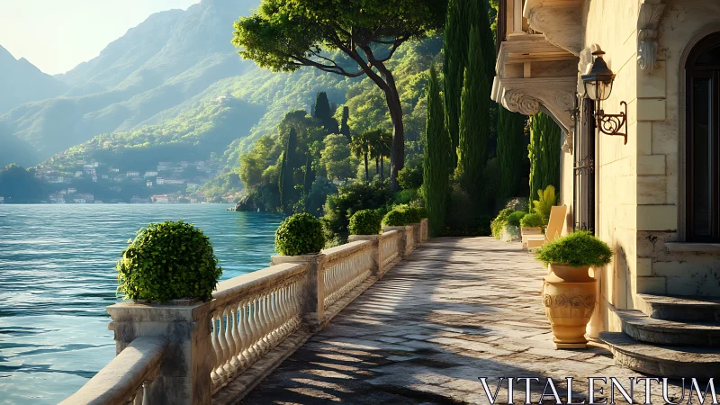 Lakeside Italian villa terrace with sunlit stone promenade.