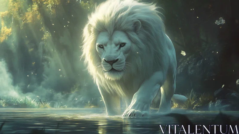 White lion strides through misty forest river at dawn.