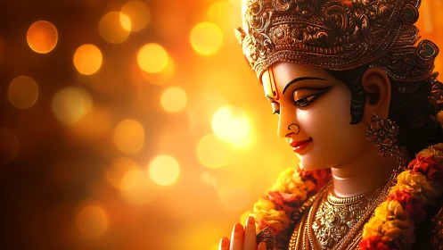 Profile view shows ornate deity statue against defocused lights