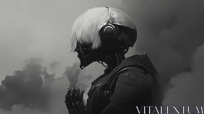 Cyberpunk android profile in monochrome atmospheric portrait.