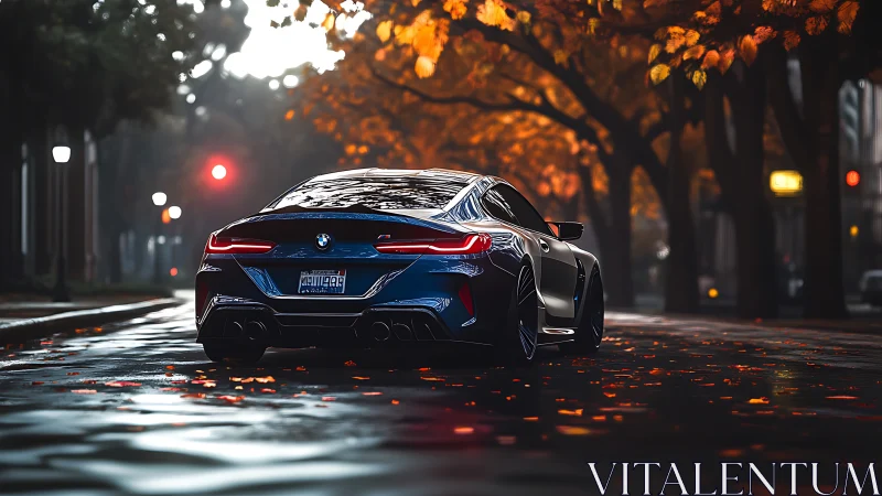 Midnight blue sports coupe on wet autumn city boulevard.