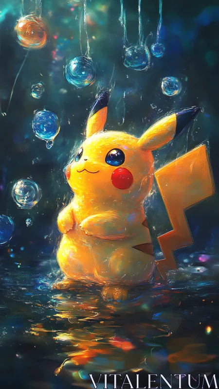 Electric creature stands in glowing water under drifting orbs