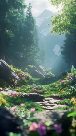 Sunlit forest path winding through flowers and mountains.