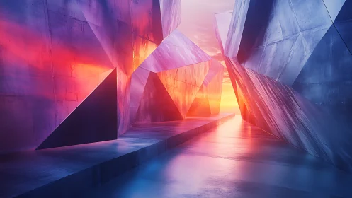 Geometric metallic canyon channels vivid sunset reflections