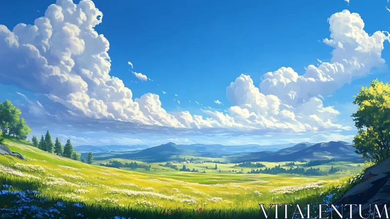 Expansive rural valley under cumulus clouds at midday.