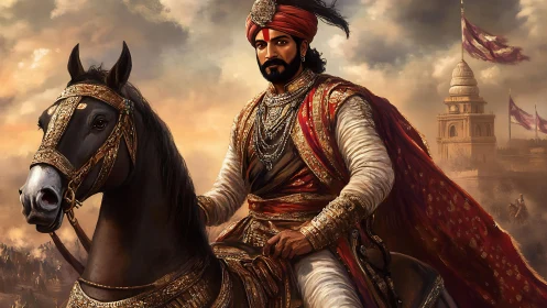 Regal warrior on armored steed before storm-lit fortress.