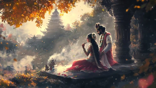 Autumn temple serenade with mythic lovers in glowing haze.
