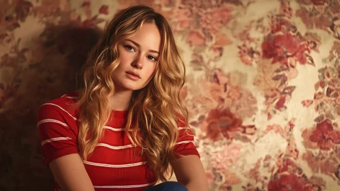 Young woman in striped red shirt against floral backdrop.