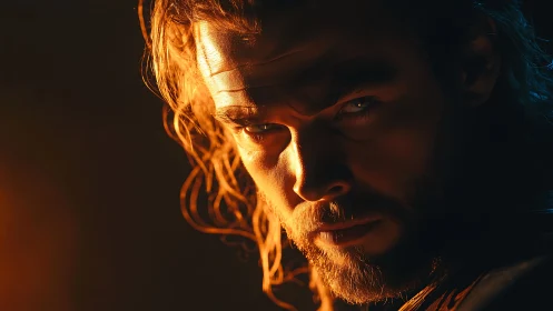 Moody firelit portrait of a determined long haired warrior.