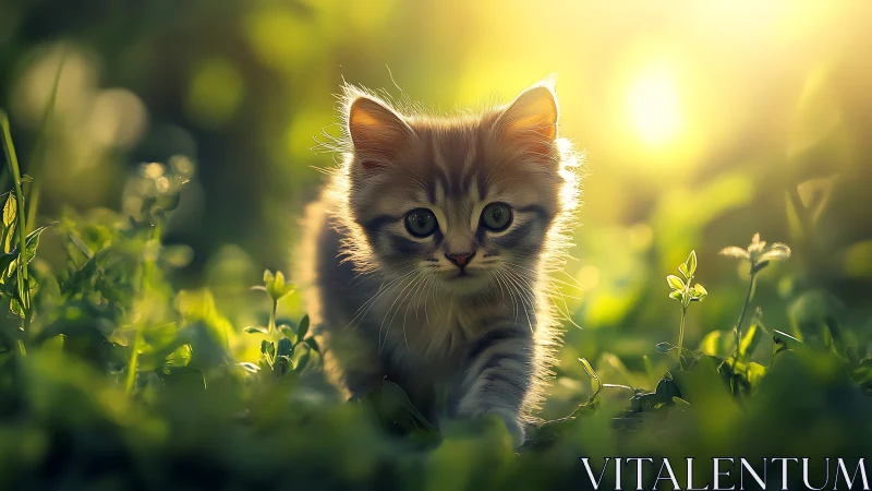 Kitten Exploring Sunlit Meadow with Grass.