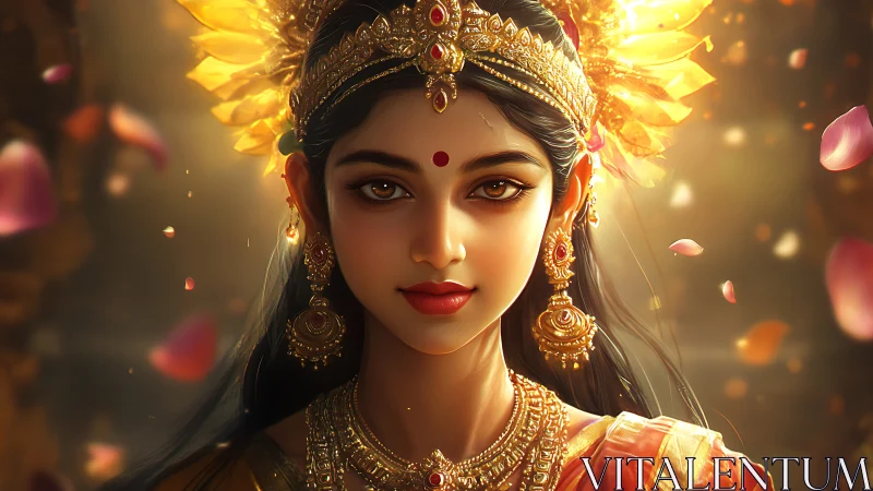 Digital painting of regal goddess portrait with golden crown.