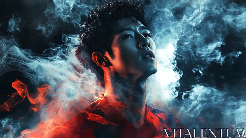 Portrait in fire and mist, where quiet strength ignites wonder.