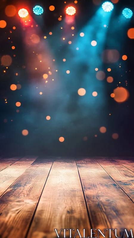 Inviting wooden stage glowing under colorful show lights.