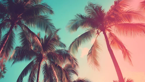 Retro sunset palms under cyan and coral sky.