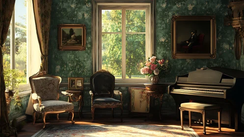 Sunlit vintage music room with velvet chairs and piano.