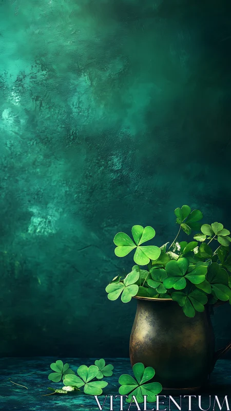 Vintage copper mug holds clover still life against teal ground